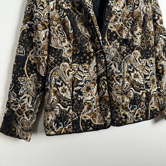 Vintage Quilted Floral Paisley Zip Up Jacket Womens M Black Tan Neutral - Picture 6 of 14